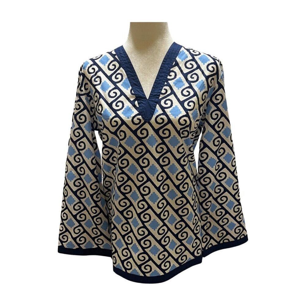 TRACY NEGOSHIAN Women Navy White Geometric V-neck Tunic Size Small - Picture 1 of 10